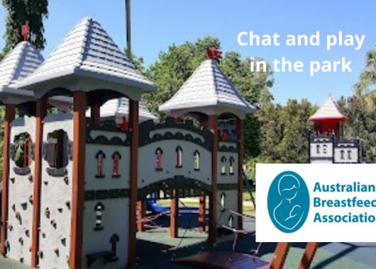 Play equipment with logo and text Chat and play in the park