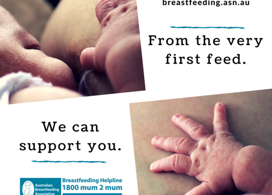 Text says 'From the very first feed, we can support you. There are images of a newborn baby breastfeeding and of a newborn's hand