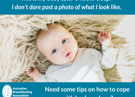 Text says 'This is my baby after 3 hours sleep. I don't dare post a photo of what I look like". The image is of a baby looking directly at the camera laid back on a fluffy blanket. The baby looks content and curious