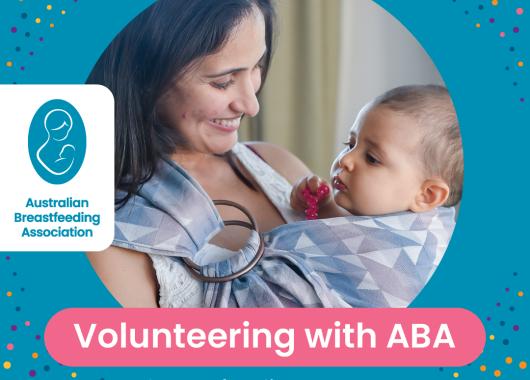 ABA logo on the left. Dark haired mother smiling at her baby in a ring sling carrier inside blue frame. Pink banner with text Volunteering with ABA