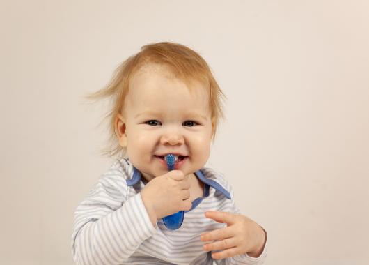 baby holding toothbrush