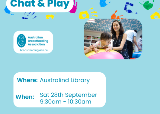 Baby lying on a toy being held by a lady and graphics showing a child's painted hand prints and the Australian Breastfeeding Association logo